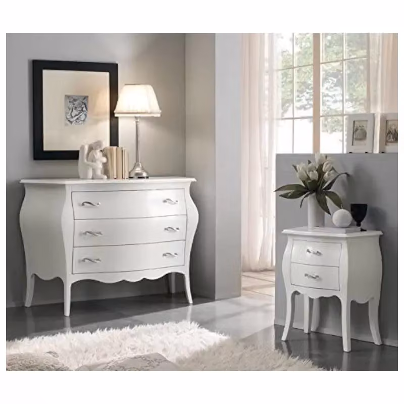 Set composto da una cassettiera e due comodini bombati in stile shabby chic bianco con maniglie cromate Mobili 2G – 2
