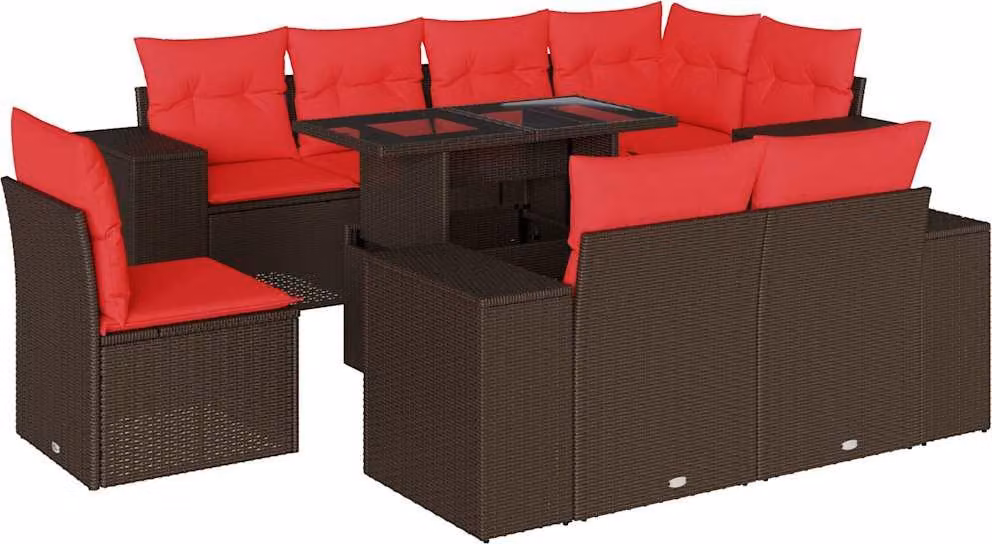 Set Divani da Giardino 9 pz con Cuscini Marrone in Polyrattan