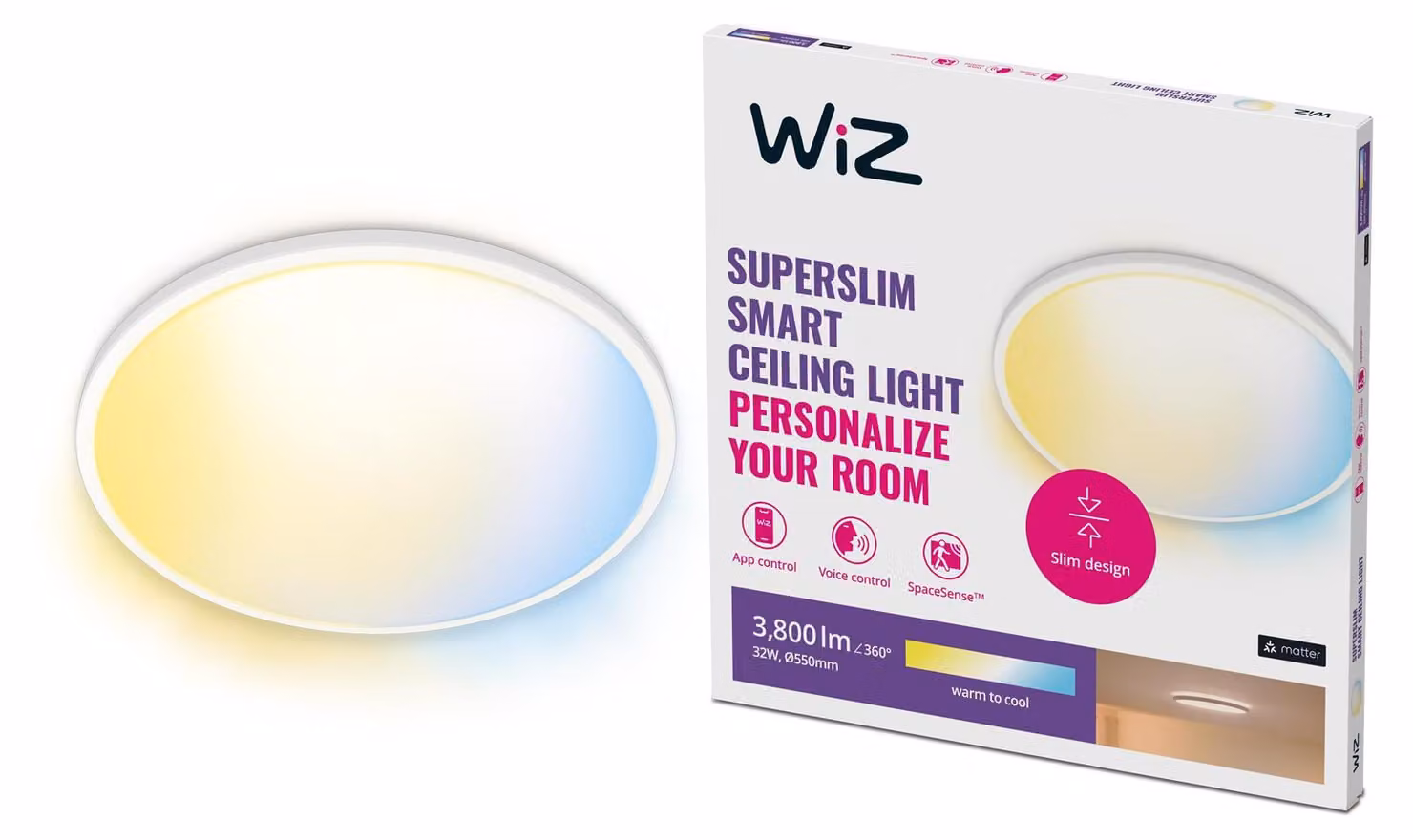 Philips Wiz bianco sintonizzabile 8719514554979 SuperSlim LED plafoniera di grandi dimensioni D550mm 32W/3800lm 2700-6500K bianco.