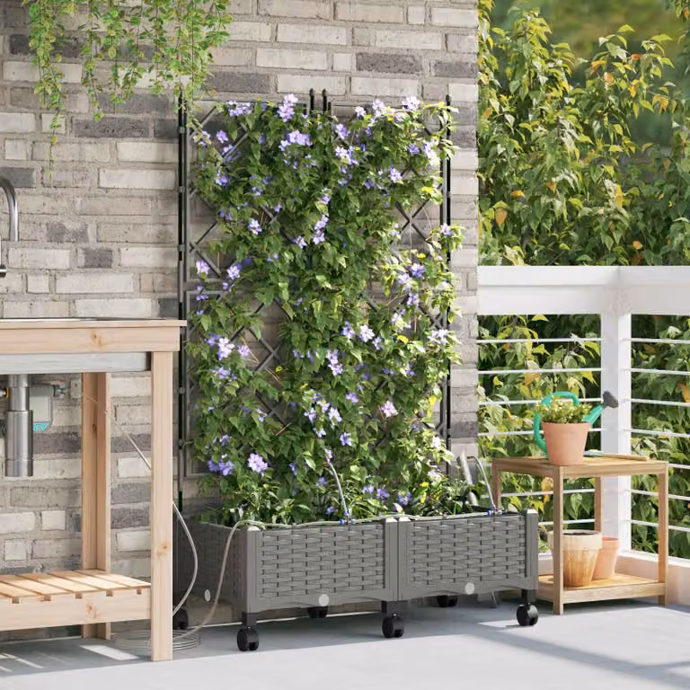 Set di 2 vasi da giardino con irrigazione e ruote vidaXL in plastica grigio chiaro
