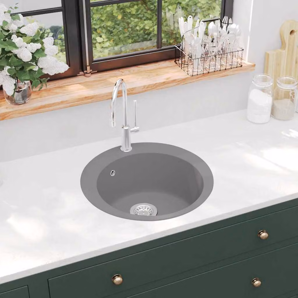 vidaXL Lavello da Cucina in Granito con Vasca Singola Rotonda Grigio L/P/H: 50,5 x 50,5 x 29 cm