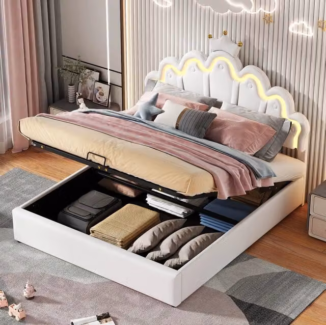 Letto imbottito 140x200 cm con illuminazione regolabile, design principessa, bianco
