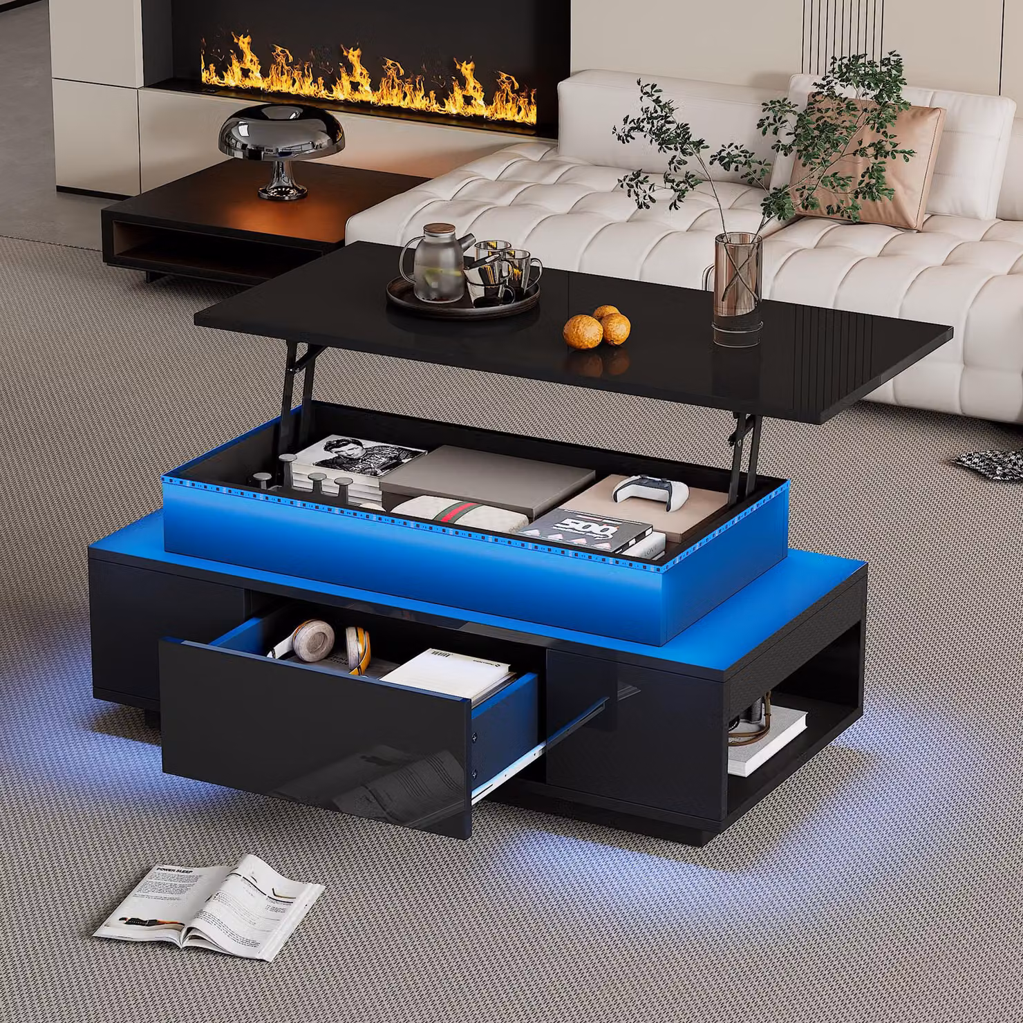 Fortuna Lai Tavolino da caffè regolabile in altezza con spazio di archiviazione nascosto e cassetto, 96*45*40 cm Tavolino da salotto lucido, tavolino da divano LED, adatto per ufficio, studio, feste, nero