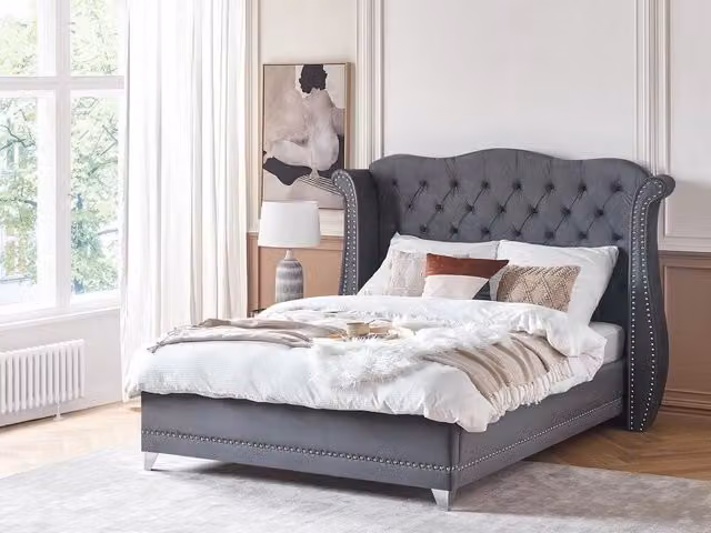 Letto Beliani in velluto grigio con testiera trapuntata e base a doghe L/P/H: 160 x 200 x 215 cm