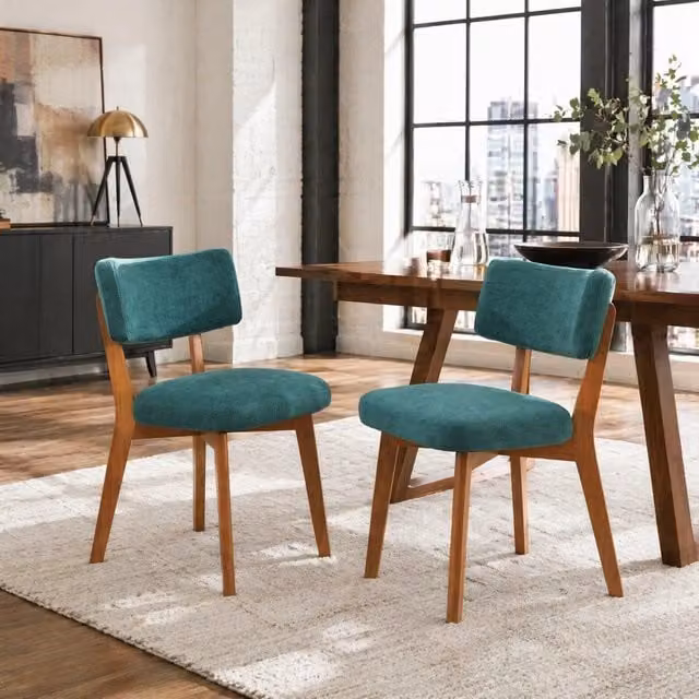 Set di 2 Sedie da Pranzo in Stile Mid-Century, Gambe in Legno Massello, Seduta Imbottita in Tessuto Verde per Cucina, Sala da Pranzo o Ufficio