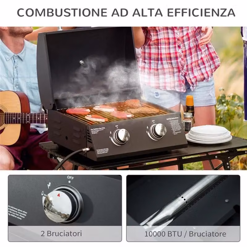 Barbecue a gas pieghevole da tavolo Outsunny in acciaio nero con coperchio e termometro – 2