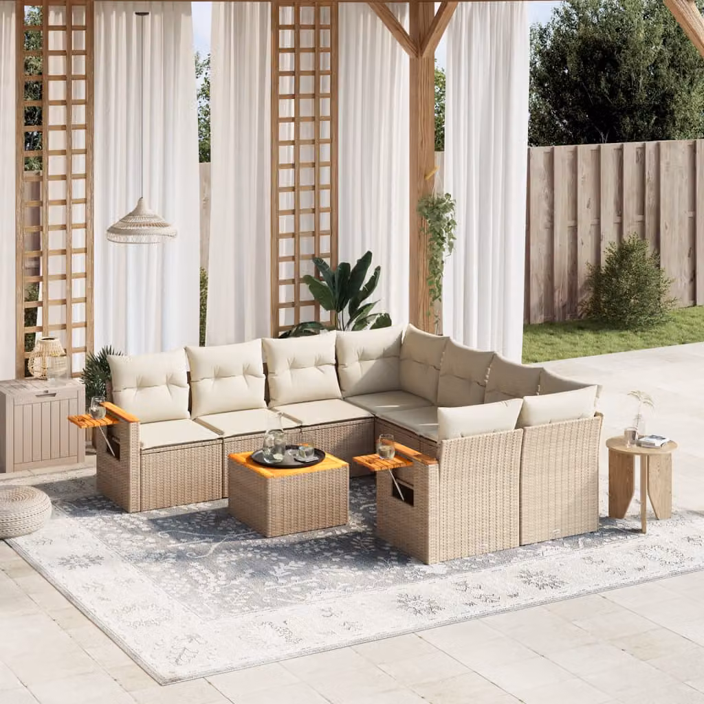 vidaXL Set Divano da Giardino 9 pz in Polyrattan con Cuscini Beige e Tavolino da Esterno – 1