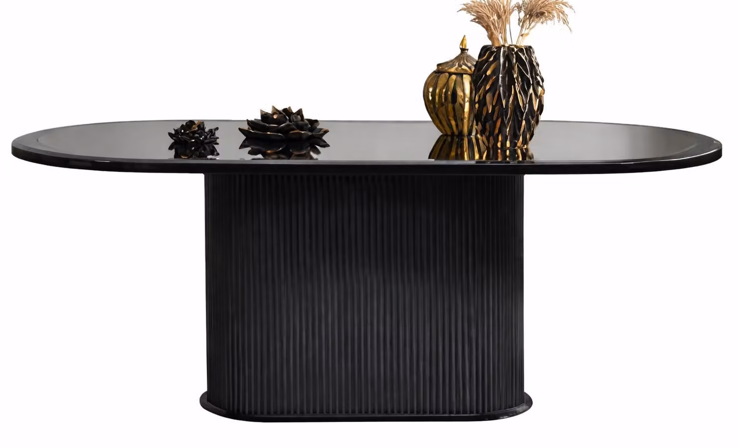 Elegante tavolo da pranzo con piano in vetro nero e base zigrinata