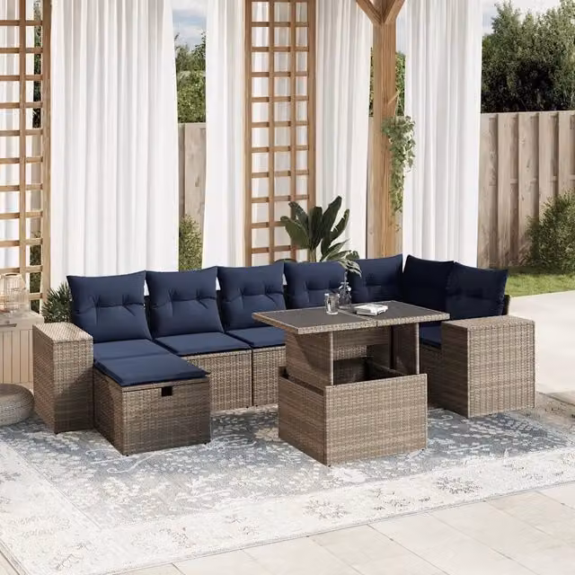 Set di divani da giardino vidaXL a forma di L composto da 8 pezzi con cuscini grigi e blu in polyrattan e struttura in acciaio verniciato a polvere
