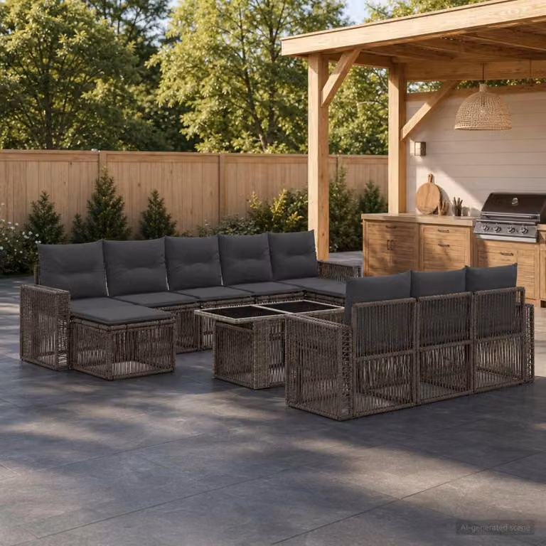 Set Divano da Giardino vidaXL 11 pz in Polyrattan Grigio e Antracite con Tavolino, Elementi Angolari e Pouf