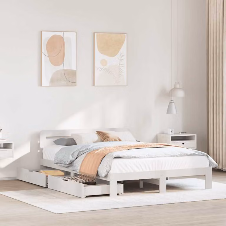 Letto singolo vidaXL in legno massello di pino bianco con doghe piatte, L: 139 cm, P: 193,5 cm, H: 65,5 cm