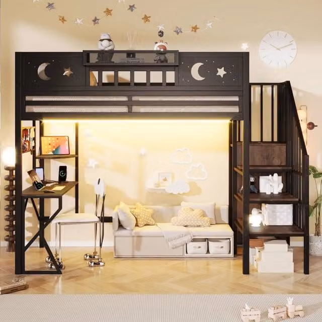 Letto a soppalco per bambini 90x200 cm con scrivania; struttura in metallo e MDF; scaffali; LED e USB; nero