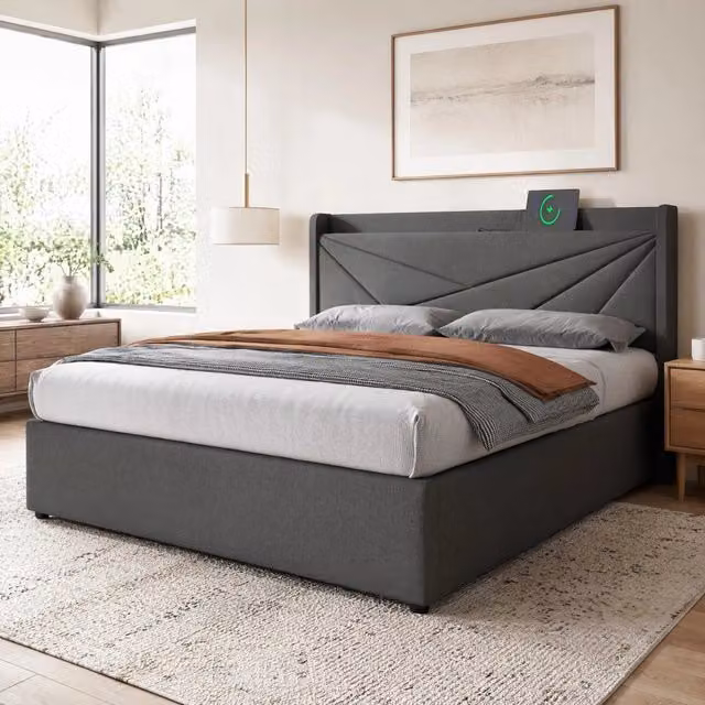 Letto con contenitore Mivray con testiera imbottita geometrica e porte USB e Type-C, colore grigio, L/P/H: 160 x 200 x 107 cm
