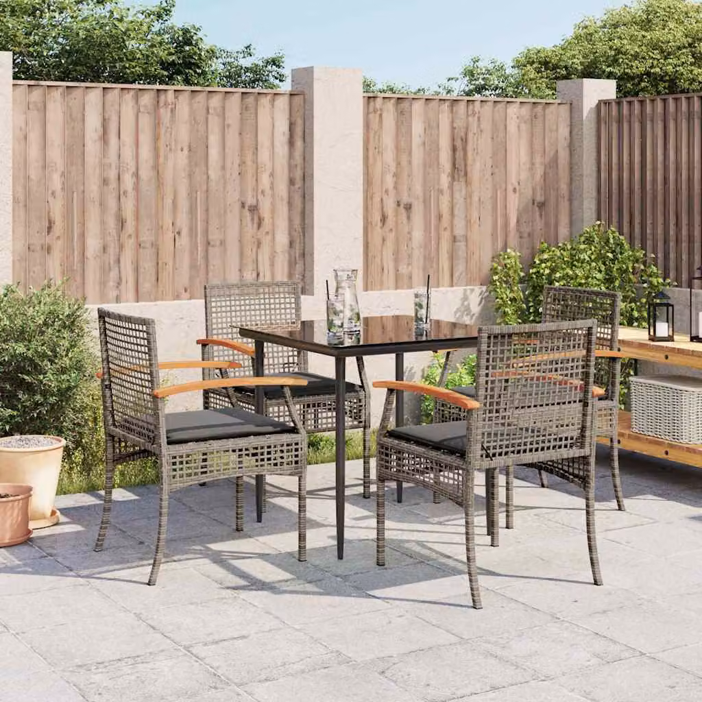 Set da Pranzo da Giardino vidaXL 5 pz in Polyrattan e Legno di Acacia con Piano in Vetro Grigio e Nero – 1