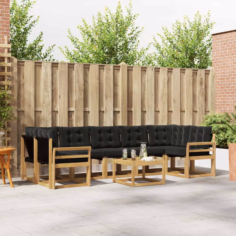 vidaXL Set di divani da esterno a forma di U composto da 8 pezzi con tavolino da caffè, in legno di acacia e tessuto textilene, colori bianco, nero e marrone