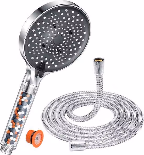 Soffione doccia a risparmio idrico con 6 getti e filtro | Soffione a pioggia da 130 mm con tubo flessibile