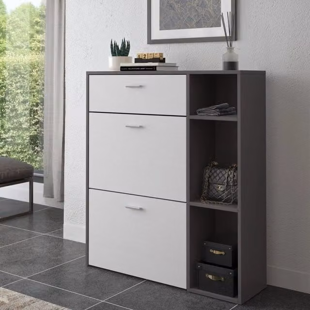 Scarpiera Moderna DMORA con Ante a Ribalta, Colore Nero Antracite, L/P/H: 90 x 26 x 102 cm – 1