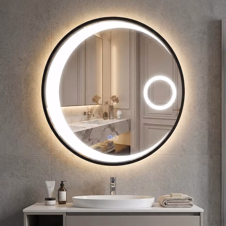 Specchio da bagno LED rotondo, diametro 60 cm, con funzione antiappannamento, 3 tonalità di luce, ingrandimento 3x