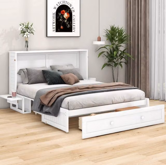 Letto a scomparsa 140x200 cm con cassetto e ripiani in pino e MDF bianco