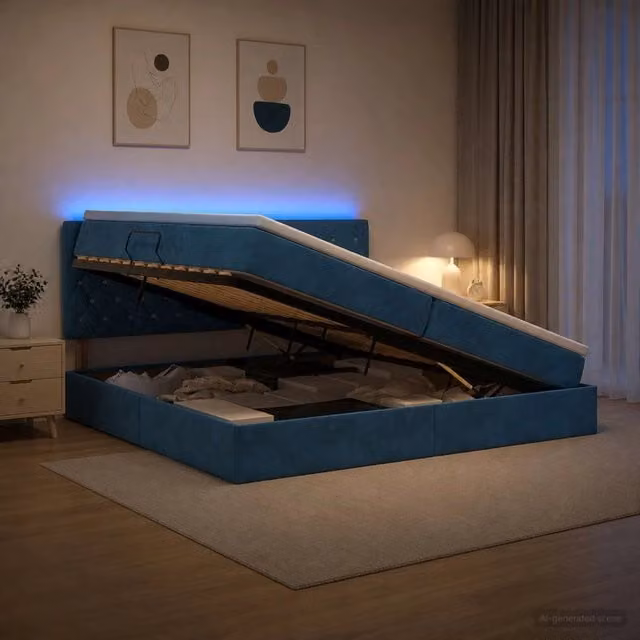 Letto con contenitore e illuminazione LED vidaXL in velluto blu con materasso a molle L/P/H: 200 x 200 x 88 cm