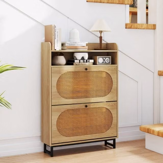 Scarpiera autoportante DESIGN IN con ante in rattan e gambe in metallo, organizer per scarpe beige con 2 cassetti a ribalta, L/P/H: 115 x 24 x 80 cm