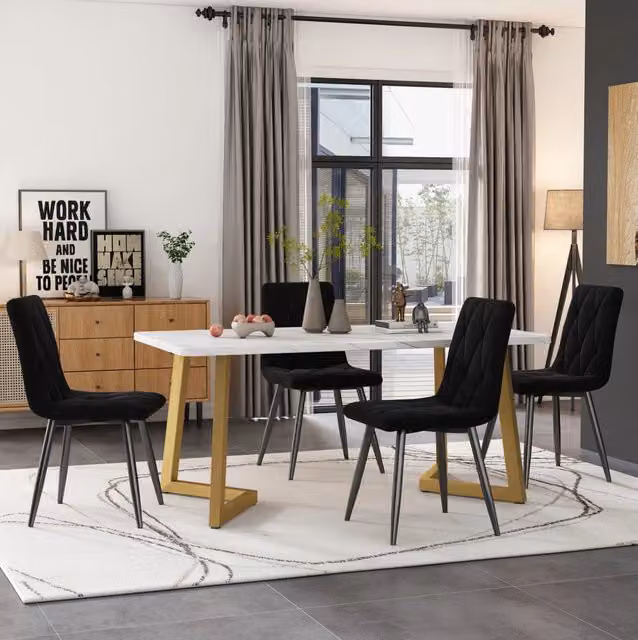 Set tavolo da pranzo 117x68 cm in MDF bianco effetto marmo, 4 sedie nere