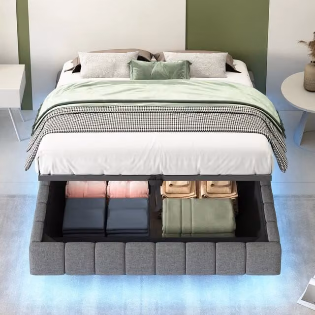 Letto contenitore matrimoniale in lino grigio con illuminazione LED sottostante e vano idraulico, L/P: 140 x 200 cm