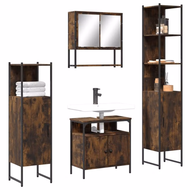 Set di mobili da bagno 4 pezzi vidaXL in legno e metallo colore marrone stile industriale con armadietto specchio, mobile lavabo, mobile laterale e colonna alta