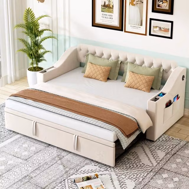 Letto imbottito divano letto 90/180 x 190 cm con braccioli larghi e porta USB, ripiano integrato, tasche portaoggetti, velluto - Beige