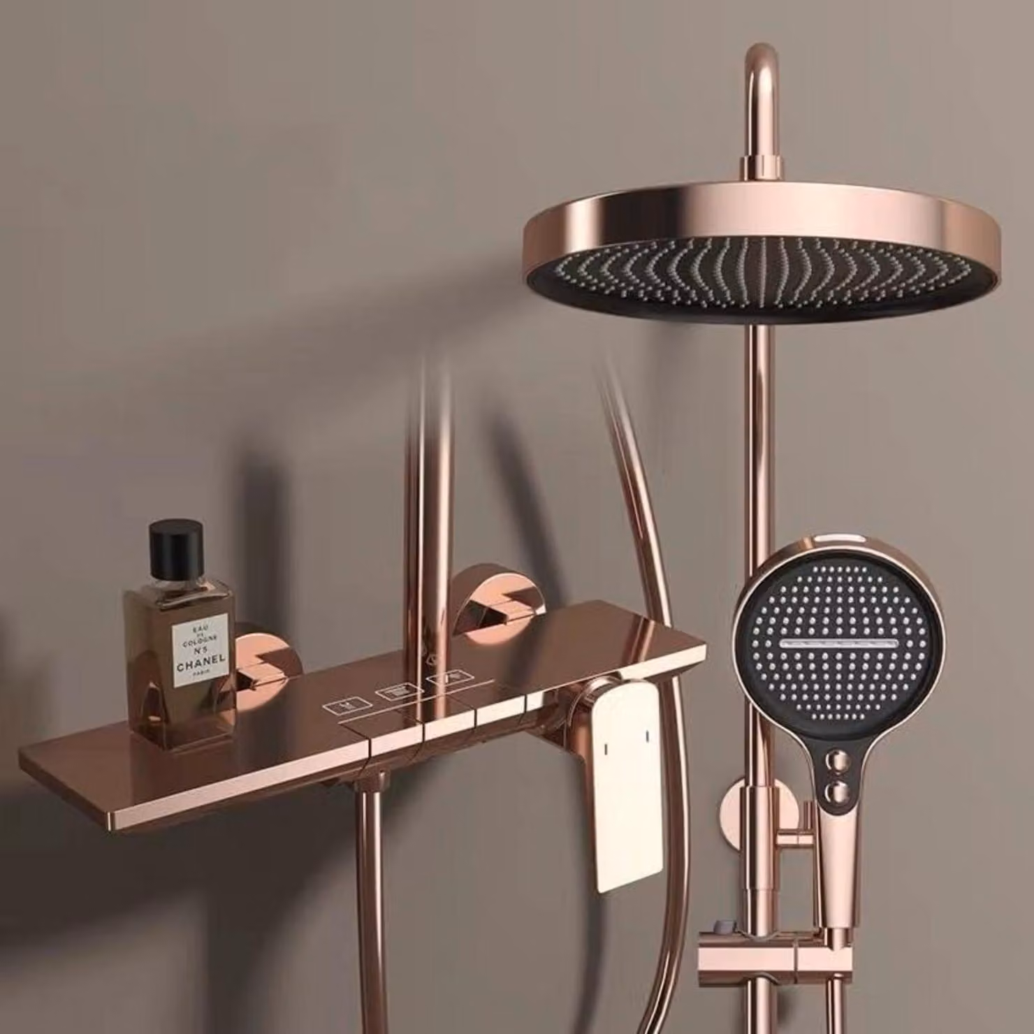 Sistema doccia a pioggia, miscelatore con altezza regolabile, 32,5 cm, soffione con 4 getti, doccetta manuale, finitura oro rosa