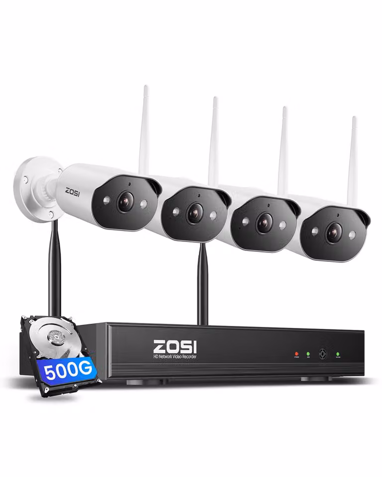 Kit di telecamere di sicurezza WiFi 6 ZOSI da 3MP per esterni, composto da 4 telecamere wireless, un registratore NVR da 500GB con hard disk, riconoscimento intelligente delle persone, audio bidirezionale e visione notturna a colori