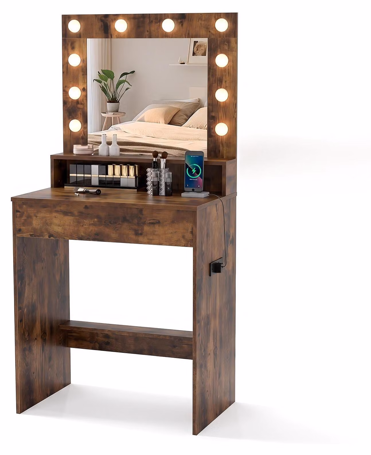 Tavolino da trucco COSTWAY con luci LED, piano da trucco con stazione di ricarica, specchio, cassetto e vano aperto, illuminazione regolabile, dimensioni 66x40x136 cm, colore marrone