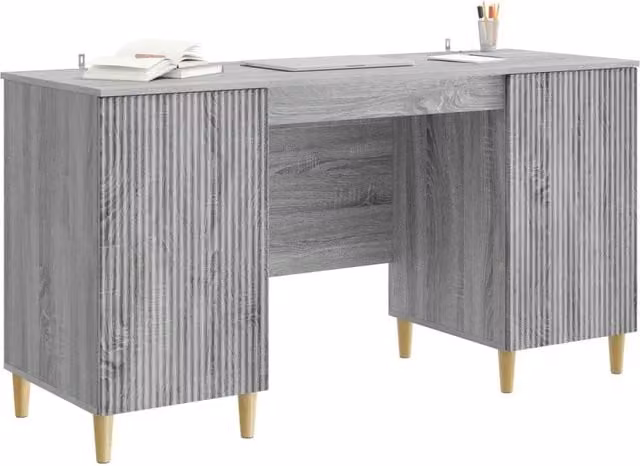 Scrivania moderna in MDF laminato per ufficio o casa, colore grigio e marrone, L: 142,5 cm, P: 50 cm, H: 75 cm