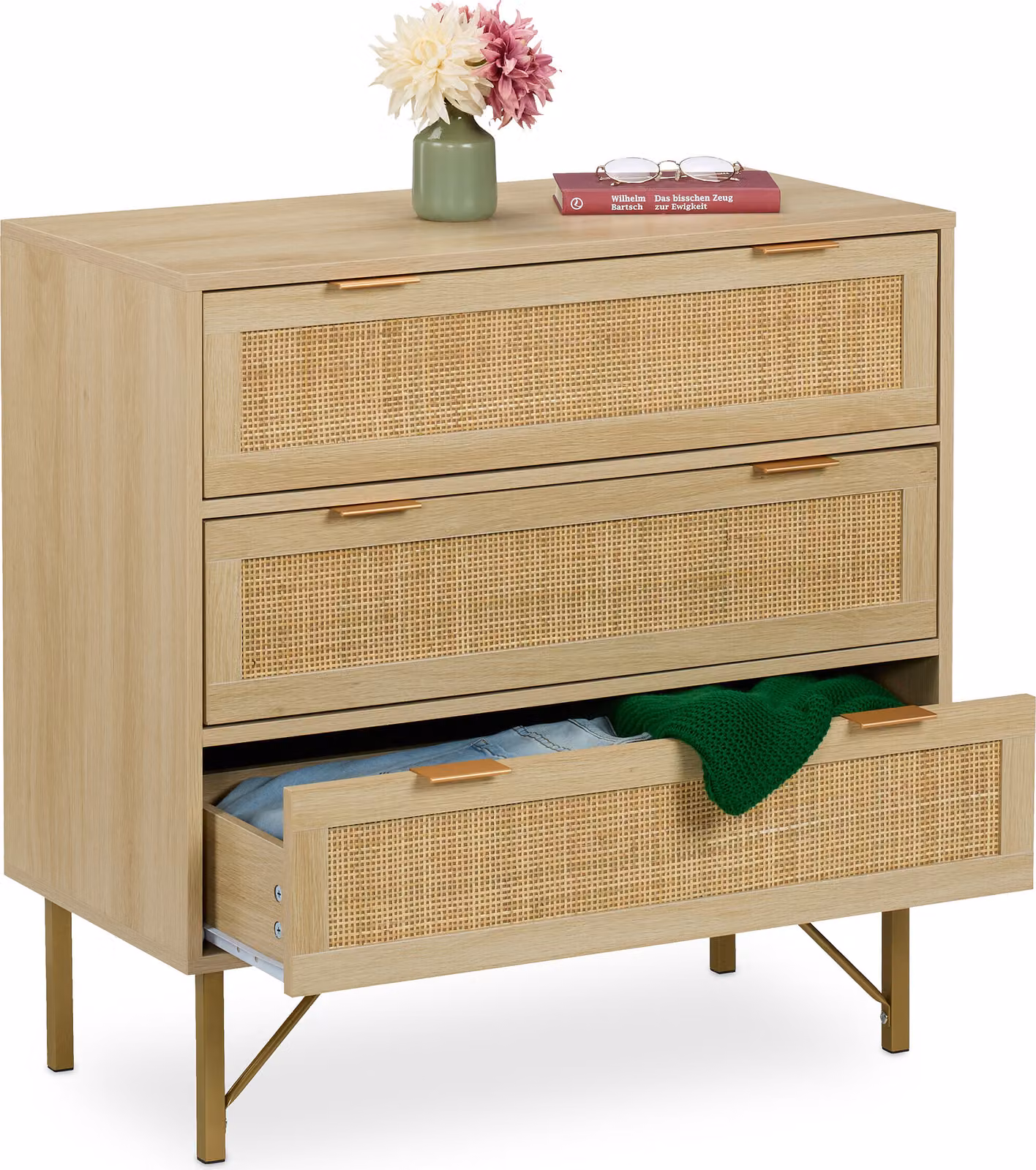 Comodino Relaxdays, 3 cassetti, effetto rattan e legno, L x P x A 80 x 80 x 42 cm, soggiorno, ingresso, cassettiera, naturale/oro