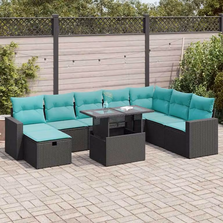 Set Divano da Giardino vidaXL 9 Pezzi in Polyrattan con Cuscini e Tavolino, Design Moderno a L con Ottoman, Grigio
