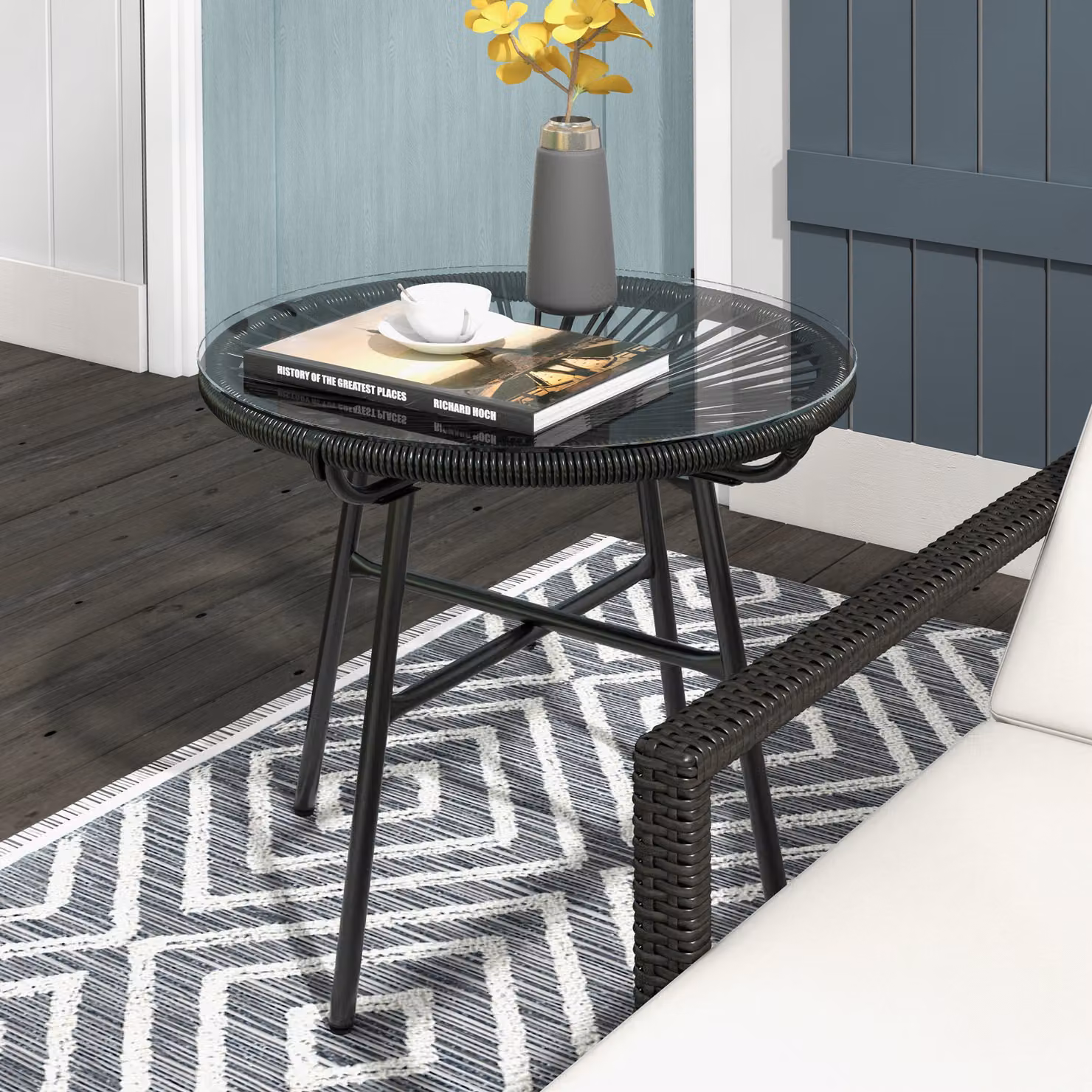 Tavolino da giardino Outsunny in stile boho con rattan PE e superficie in vetro temperato, Nero, L/P/H: 50 x 50 x 50 cm – 2