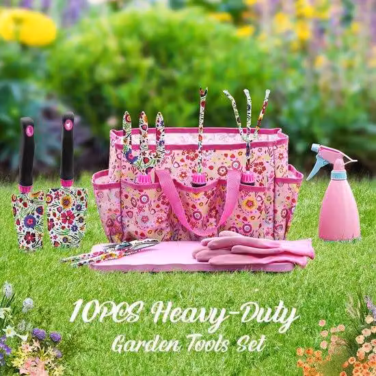 Set di 10 utensili da giardino Unyqoos® – Set completo con impugnature in gomma antiscivolo, acciaio inossidabile, borsa per il trasporto, guanti e motivo floreale vintage