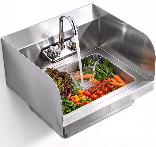 Lavello a Parete in Acciaio Inossidabile con Rubinetto e Alzatina Robusto Lavabo Pratico per Cucina Garage e Casa 432x381x330 mm HS-17