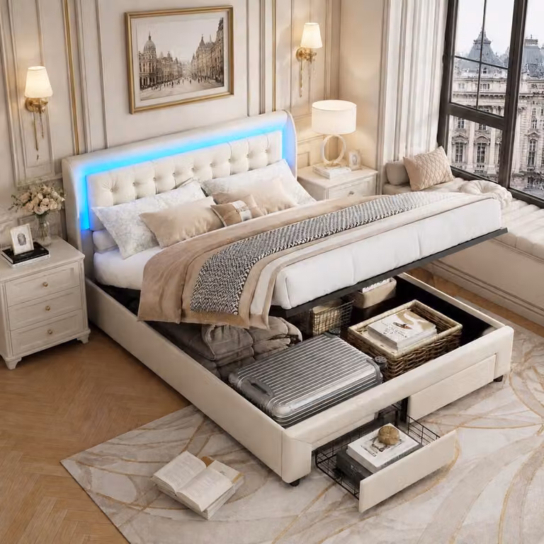 Letto idraulico INONEFT, 180 x 200 cm, letto imbottito, letto matrimoniale con 2 cassetti, letto per adulti con LED e rete a doghe, in velluto, color beige, senza materasso