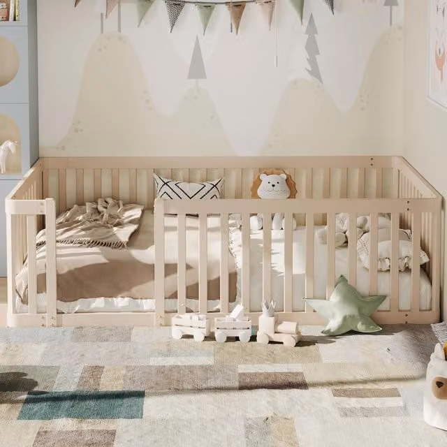 Desviae Letto singolo a piattaforma 90 × 200 cm in legno di pino color crema con recinto laterale e struttura bassa