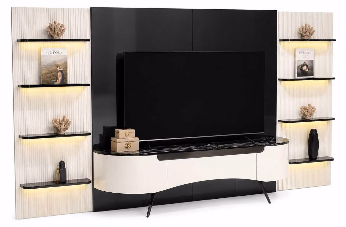 Mobili mobile da salotto, mobile TV basso, 2 ripiani, set moderno di 4 pezzi con cornice TV