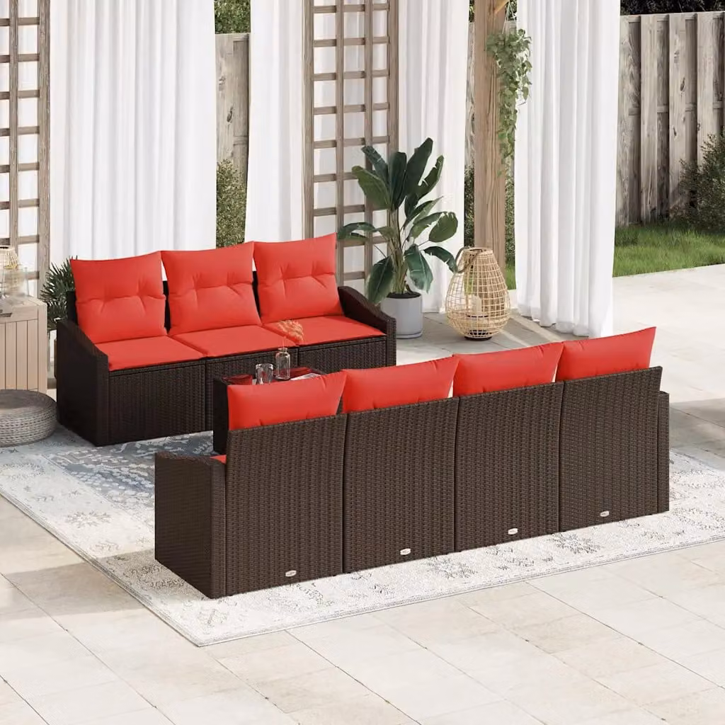 Set da giardino vidaXL composto da 8 pezzi con divano a 3 posti e tavolino, design moderno in rattan marrone e rosso con cuscini inclusi