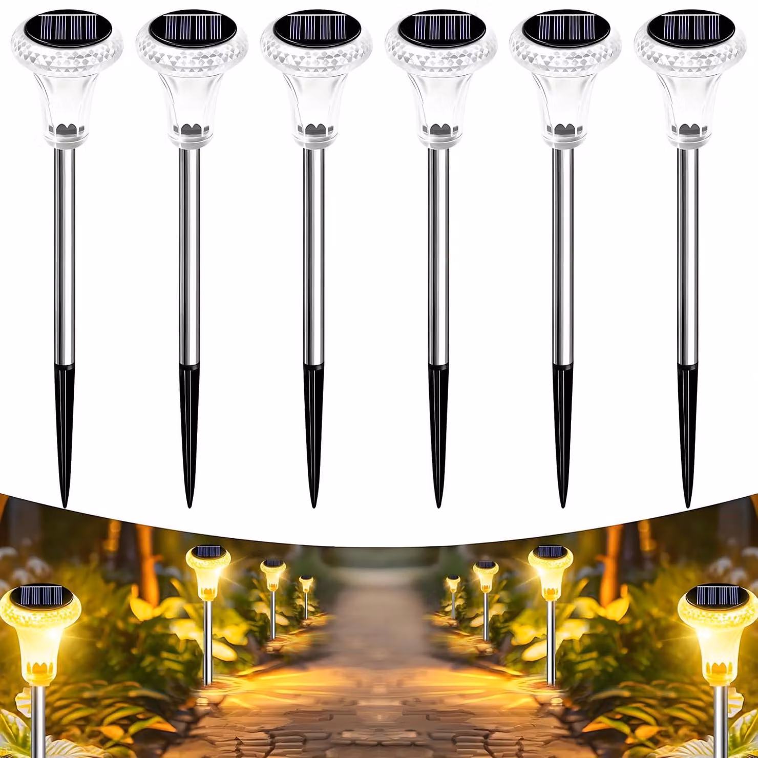 Set di 6 luci solari da esterno, luce bianca calda da 3000K, grado di protezione IP65, ideali per giardino e terrazza