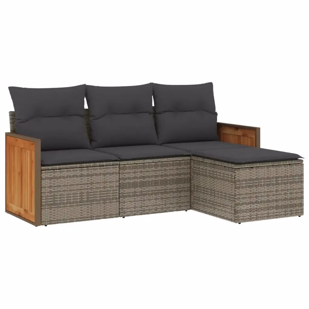 vidaXL Set Divani da Giardino a L 4 pz in Polyrattan e Legno di Acacia Grigio con Cuscini – 2