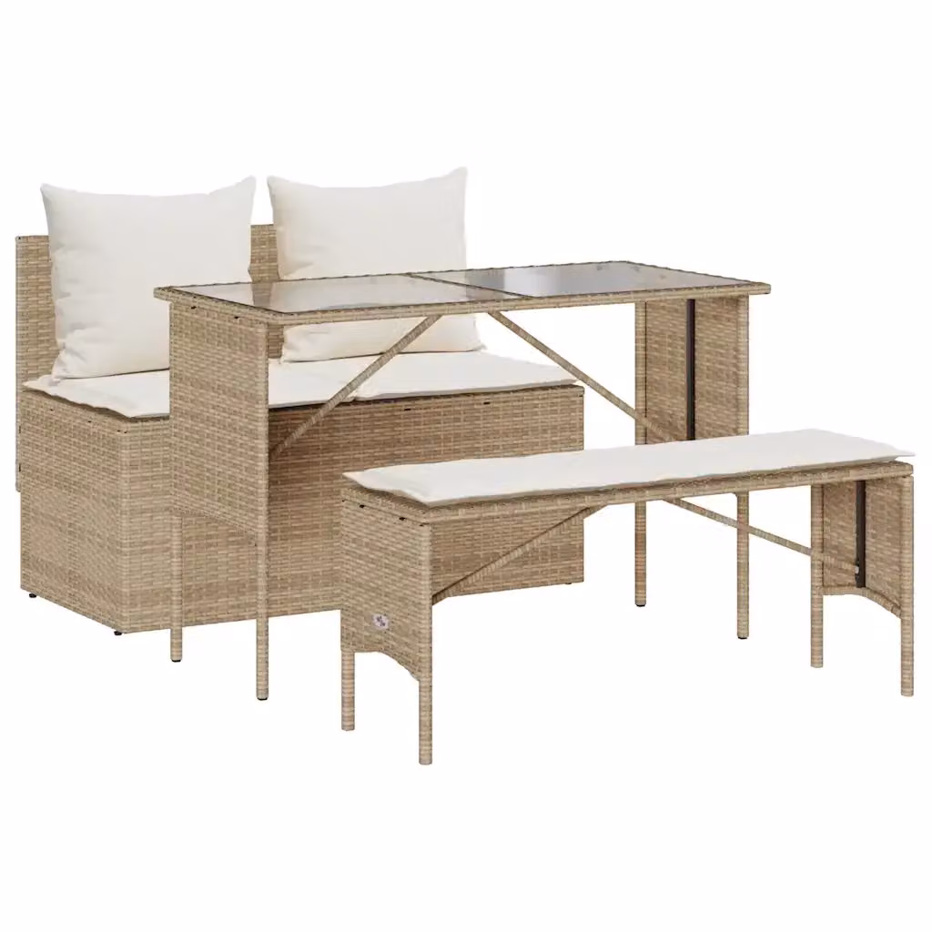 Set da Pranzo da Giardino 3 Pezzi vidaXL in Polyrattan con Cuscini Beige e Piano in Vetro – 2