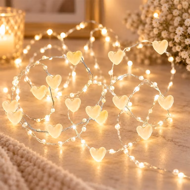 Catena luminosa da 5 metri, con 50 LED bianco caldo, perline a forma di cuore, alimentata a batteria