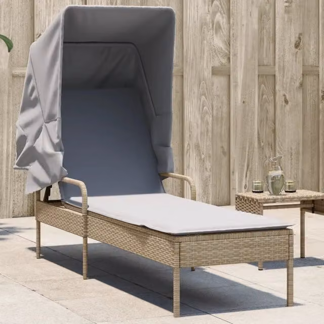 Lettino prendisole con baldacchino vidaXL in polyrattan beige e grigio con poggiatesta regolabile e tessuto resistente ai raggi UV – 1