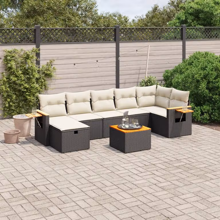Set di Divani da Giardino vidaXL a Forma di L con 8 Pezzi, Colore Nero e Bianco, in Polyrattan con Cuscini Imbottiti e Tavolino, Ideale per Terrazza e Giardino