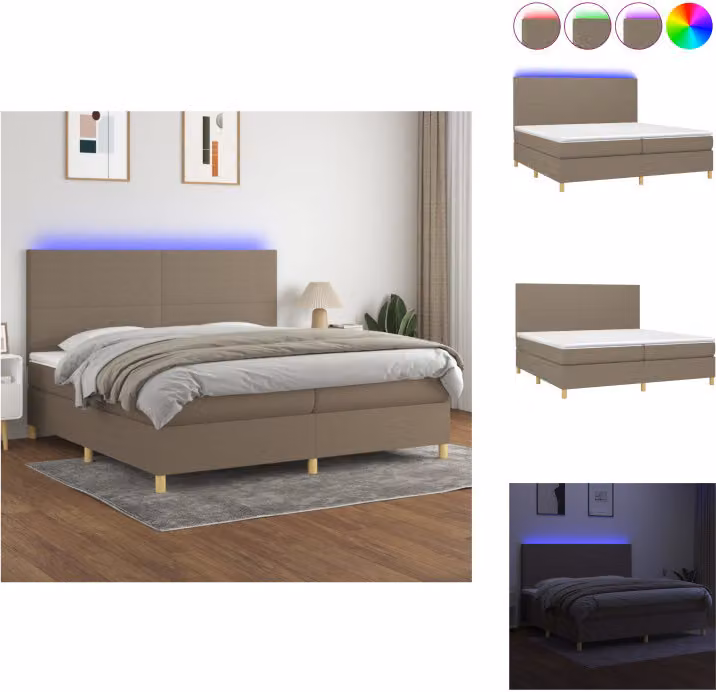 vidaXL Letto a molle con materasso e tessuto LED Taupe 200x200 cm - Letti & strutture letto