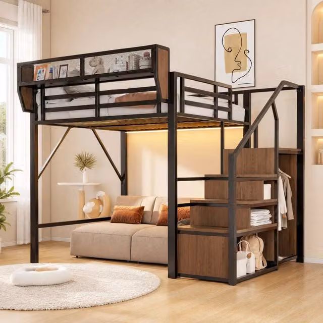 Letto a soppalco 140x200 cm in metallo con LED multicolore, scaletta di sicurezza e spazio flessibile per riporre, colore nero